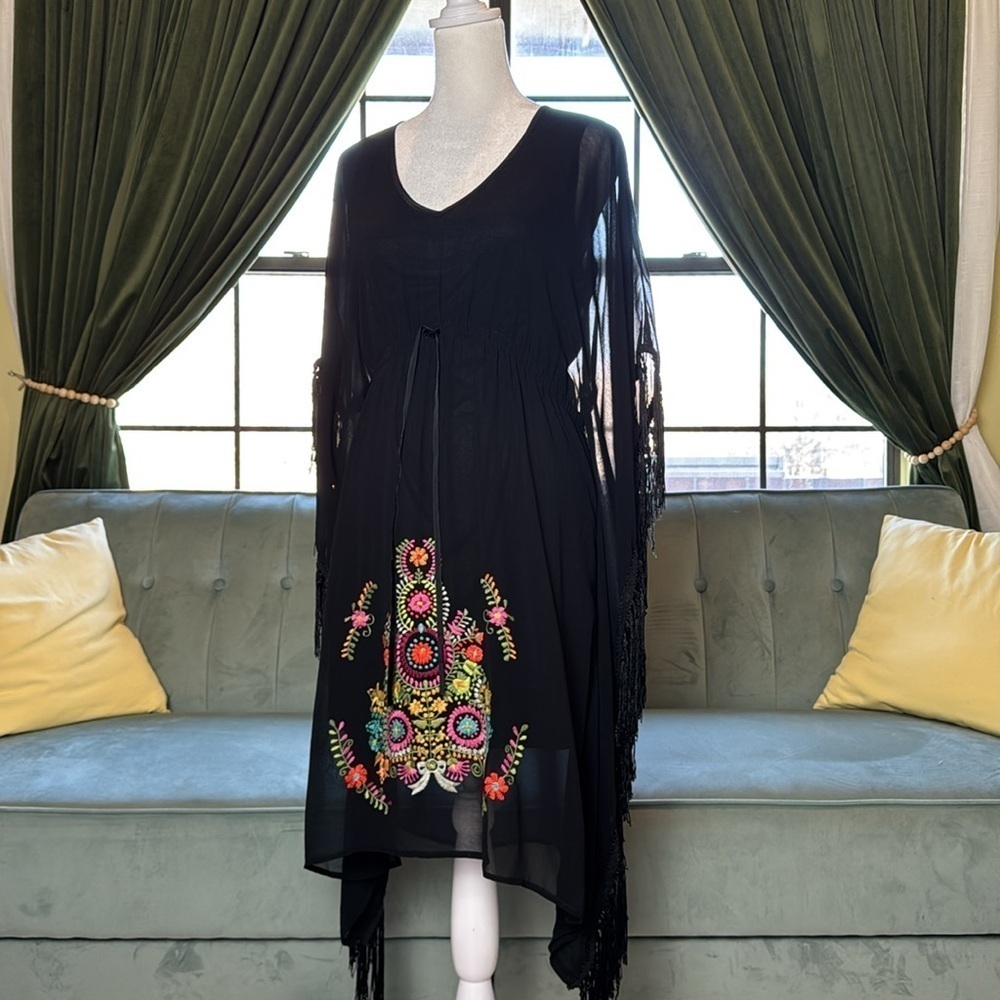 Anthropologie Uncle Frank Black Embroidered Festival Boho Fringe Dress - Picture 5 of 9